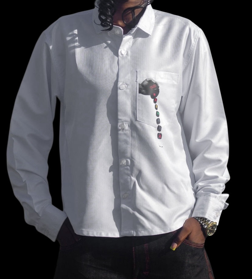 My Store white long sleeve button down shirt with a graphic print on the chest pocket worn by a person