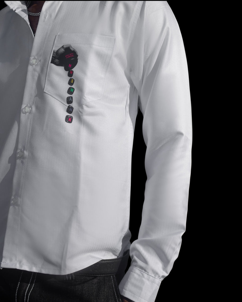 My Store white long sleeve button down shirt with Roll With Purpose graphic print on the chest pocket