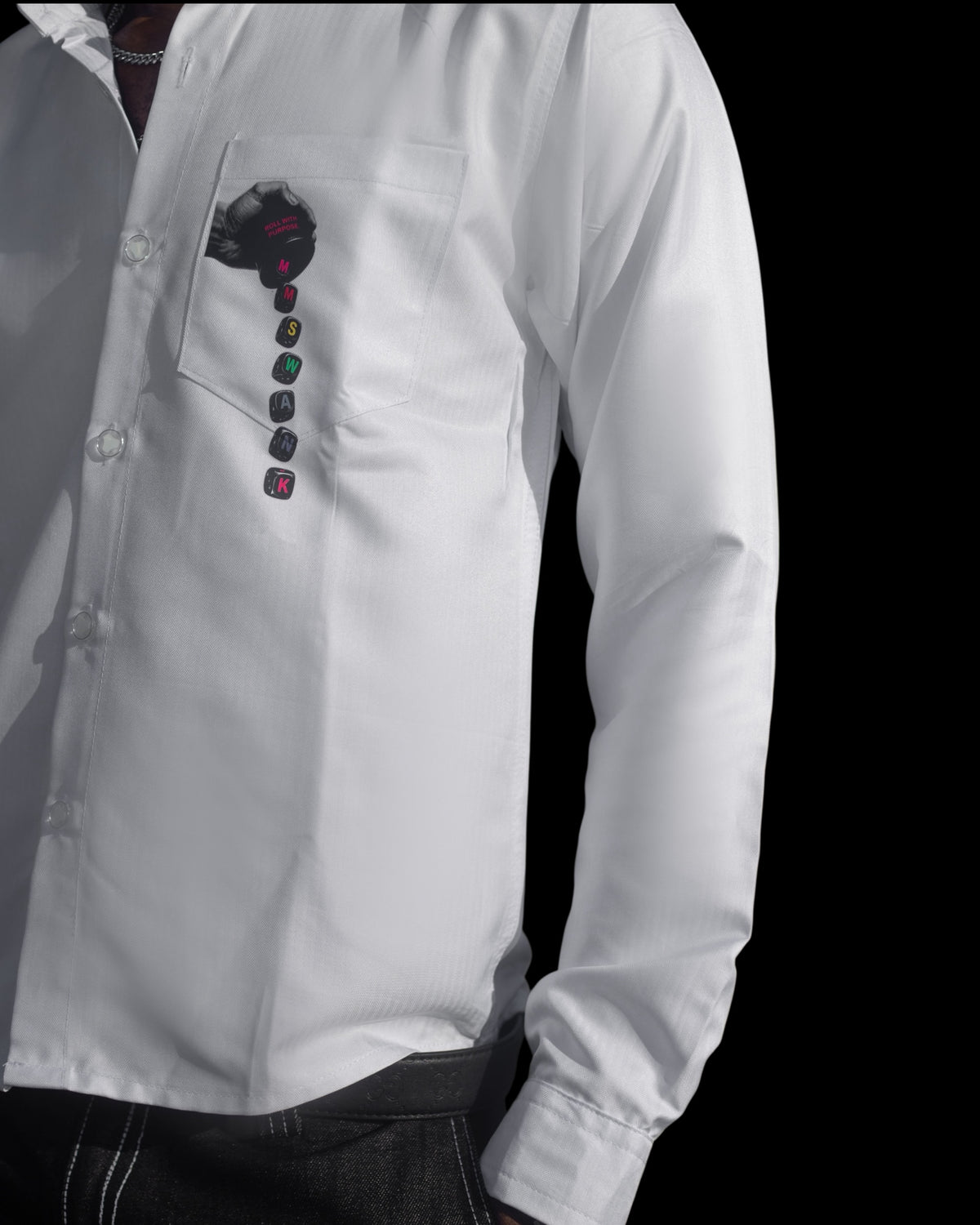My Store white long sleeve button down shirt with Roll With Purpose graphic print on the chest pocket
