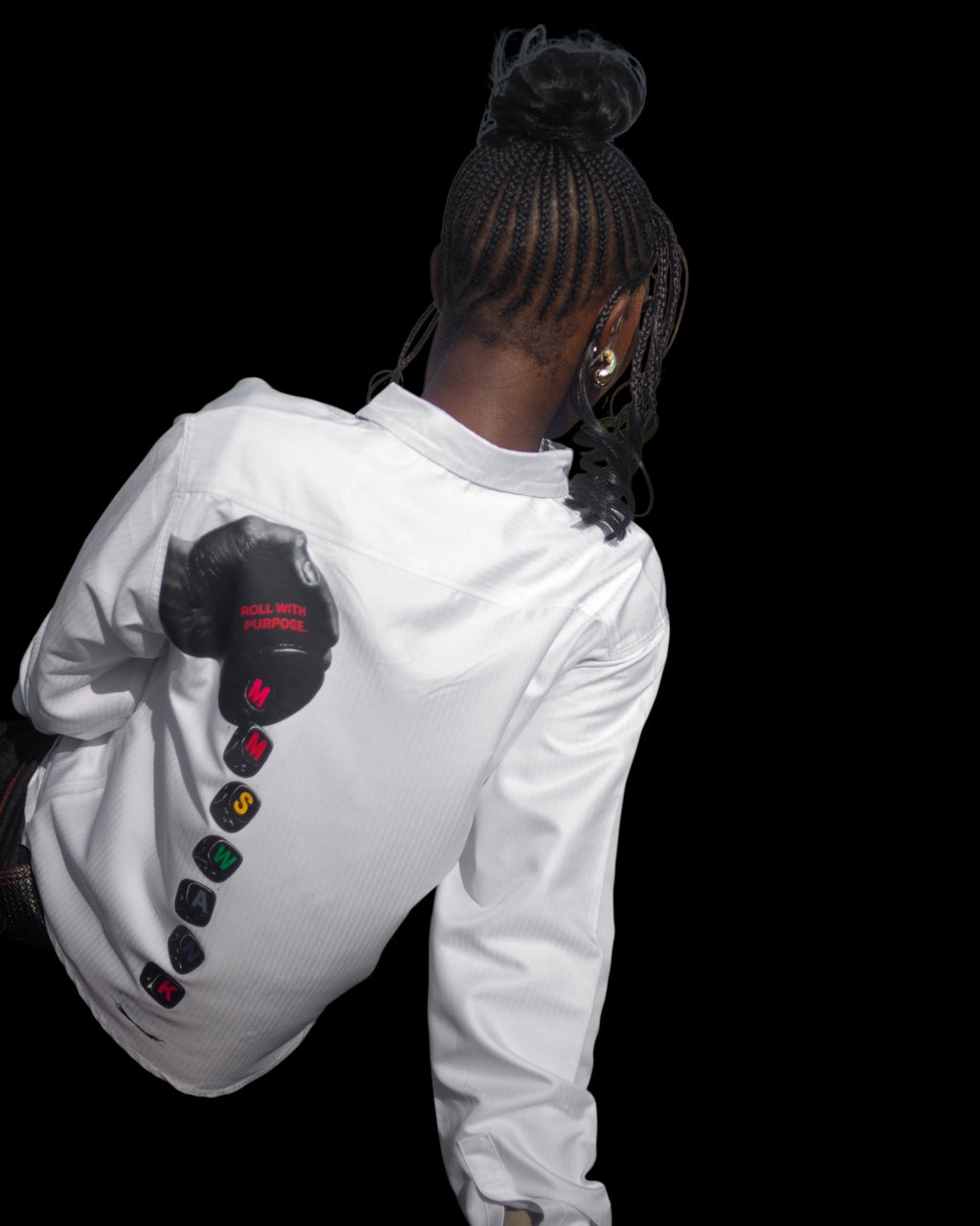 My Store white long sleeve button down shirt with Roll With Purpose graphic print on back, worn by a woman
