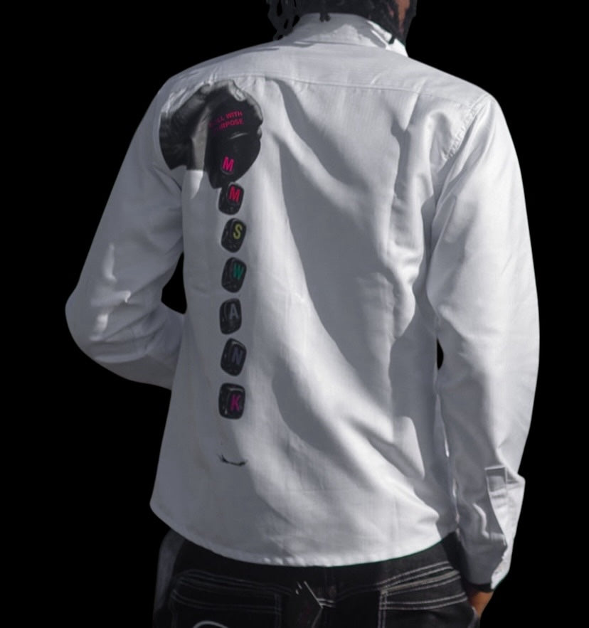 My Store white long sleeve button down shirt with Roll With Purpose graphic print on the back
