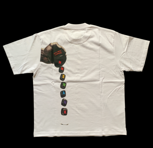 My Store white cotton crew neck t-shirt featuring a back graphic print of dice and colourful typography